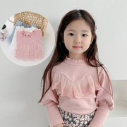 韩版女童纯棉泡泡袖打底衫儿童，蕾丝长袖t恤2023春秋宝宝上衣