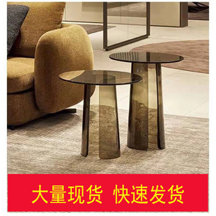 现代钢化玻璃极简创意客厅沙发角几样板房亚克力圆边几茶几