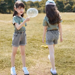 女童夏装套装，2024韩版小学生衣服儿童短袖夏季牛仔，短裤两件套