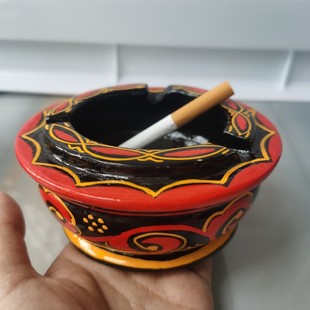 大凉山彝族漆器烟灰缸红黄黑实木手绘少数民族风特色旅游纪念品