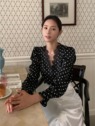 可盐可甜韩国复古波点长袖衬衣蕾丝拼接雪纺，上衣韩版衬衫