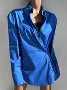 韩国chic春日法式复古克莱因蓝设计感侧开叉中长款长袖衬衫外套女