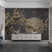 现代中式花好月圆客厅电视背景墙布，轻奢3d墙纸8d立体浮雕梅花壁画