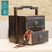 高档实木质中式仿古首饰盒复古手提针线盒小号，多层珠宝盒茶叶收