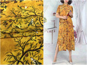 黄色树枝小鸟数码喷绘双绉真丝，布料面料纯桑蚕丝衬衫连衣裙时装料