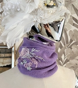 原创100%山羊绒香芋紫色刺绣花手工套头堆堆领脖套护颈椎针织围巾
