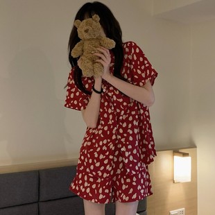 睡衣女夏季短袖2022年ins风韩版薄款红色碎花，夏天家居服套装