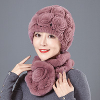 獭兔毛帽子围巾两件套女式款，冬季中老年人，妈妈奶奶冬天皮草围脖套