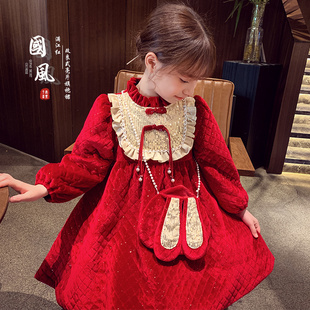 女童加绒连衣裙冬装2024洋气儿童红色国风拜年服小女孩公主裙