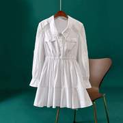 南油小个子娃娃领气质显瘦蕾丝，拼接白色裙子法式长袖连衣裙女