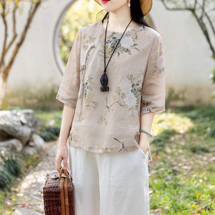 念江南苎麻原创新中式，设计感盘扣圆领上衣夏款素雅复古棉麻衬衫