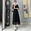 2024夏季黑色雪纺连衣裙女高端优雅v领纯色，高腰复古中长裙子