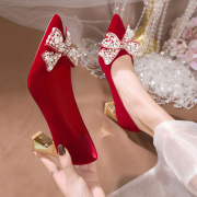 跟粗婚鞋春季2023年中式红色新娘鞋子，不累脚孕妇可穿高跟鞋