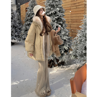 n1n1白鹅绒(白鹅绒)毛毛加厚中长款羽绒服，女冬季小个子高级感连帽棉服