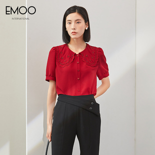 EMOO杨门娃娃领短袖衬衫2024夏季宽松休闲透气上衣时尚小衫女