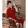 新中式旗袍敬酒服新娘红色，2024订婚礼服长袖，回门连衣裙秋冬季