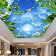 客厅卧室大型天顶，3d壁纸吊顶天花板壁画墙纸画房顶棚，绿色风景树枝