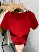 红色V领短袖T恤女士2024夏季纯色基础款修身显瘦正肩体恤上衣