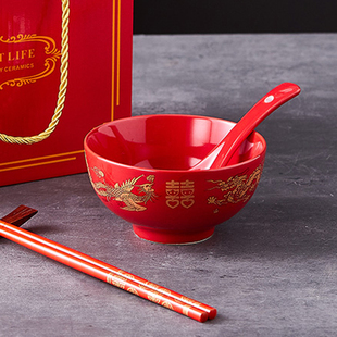 龙凤碗陶瓷红碗结婚碗筷，套装中式喜字，高脚碗餐具陪嫁用品婚庆
