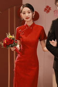 俏芭汀高端品牌旗袍女夏季敬酒服新娘红色订婚礼服气质新中式