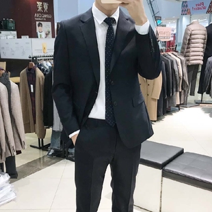 韩国TRUGEN品牌春夏商务休闲修身羊毛黑色男士配马甲西服套装