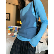 鲸鱼和玖 今年流行漂亮小衫蓝色t恤两件套秋季女装上衣+露腰背心
