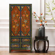 现代新中式实木彩绘两门衣柜手绘复古做旧西藏高柜储物玄关卧室柜