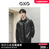 GXG男装 黑色pu皮衣暗纹满印翻领夹克外穿式衬衫外套男士春季