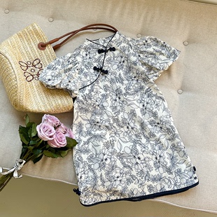 女童旗袍夏季薄款改良儿童中国风中式纯棉水墨画，泡泡袖短袖连衣裙