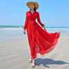 独特设计感连衣裙2023女红色雪纺收腰显瘦长裙沙滩裙海边度假