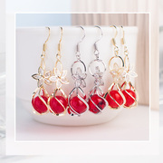 曼休妮饰品红珍珠耳环，女韩版花瓣水晶大红色新娘，耳坠简约气质耳钉