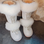 冬季独家定制珠光白色高筒狐狸，毛水钻(毛水钻，)雪地靴带钻棉鞋保暖防滑