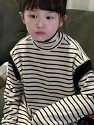 波拉韩国童装男女中小童，冬双面发热绒条纹亲子，长袖t恤打底衫