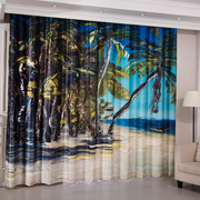 定制北欧油墨地中海椰树林海洋棉麻遮光窗帘布纱卧室客厅隔断