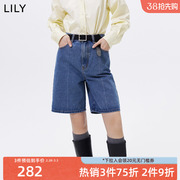 LILY女装美式复古时髦休闲宽松显瘦高腰直筒牛仔短裤女