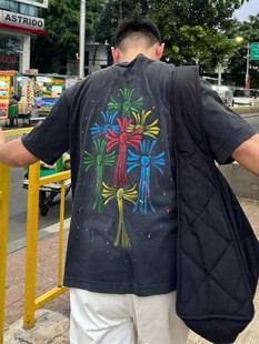 原创潮品定制2024夏季克罗伈涂鸦彩色十字架手绘短袖T恤男士上衣