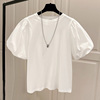 韩国白色圆领体恤泡泡袖短袖T恤女2024夏季薄款短款纯棉上衣