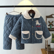 冬季儿童三层加厚夹棉宝宝，男孩女童大童珊瑚绒保暖家居服套装睡衣