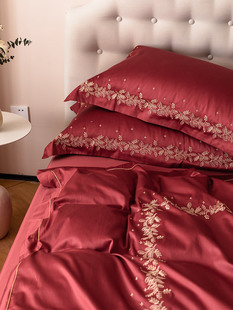 高端欧式风浪漫婚庆100支全棉四件套，大红色刺绣结婚被套床上用品