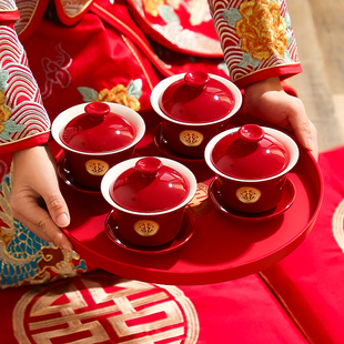 结婚敬茶杯喜碗女方陪嫁用品大全，红色改口一对盖碗茶具对碗筷套装