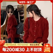 小香风新年短款圆领，红色毛衣外套女春秋，2024年慵懒风针织上衣