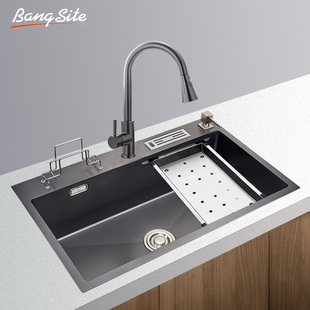 邦斯特纳米黑钛，手工水槽多功能304不锈钢，大单槽厨房洗菜盆台下