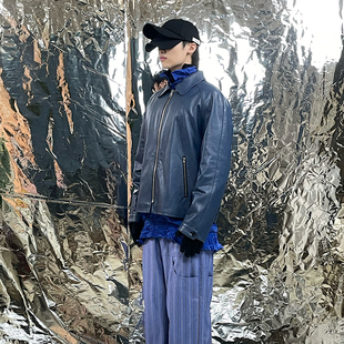 Pointless 24SS 原创设计简约拉链口袋脏蓝做旧皮衣夹克外套男女