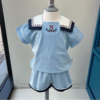 zp狠货韩国童装 24夏款儿童洋气海军风翻领蓝色条纹短袖洋气套装