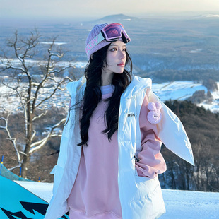 ren刃川20236折白色，粉色兔耳朵防水羽绒服背心保暖马甲滑雪服