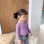 韩版儿童花边领打底衫女童春秋坑条螺纹弹力长袖T恤宝宝纯色上衣