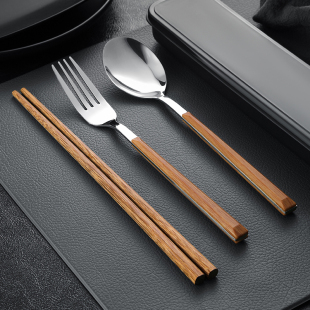 筷子勺子套装一人一筷便携餐具学生收纳盒叉子，单人木质筷子三件套