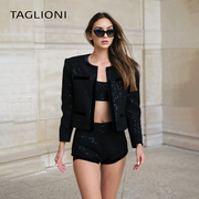 taglioni小香风气质2023女士，设计感拼接丝绒，亮片短款外套上衣
