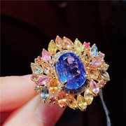 ninisn天然坦桑石+彩色，蓝宝石+钻石银镀金奢华戒指节日礼物