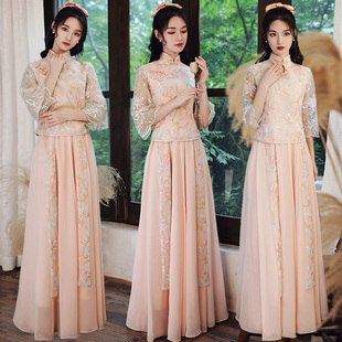 中式婚礼伴娘服中国风2023年新长款仙，气质姐妹裙旗袍优雅秋季复古